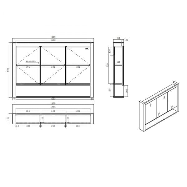 1200 mirror cabinet drawing