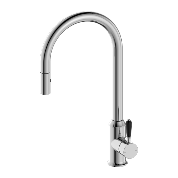 York Pull Out Sink Mixer with Vegie Spray with Black Porcelain Lever