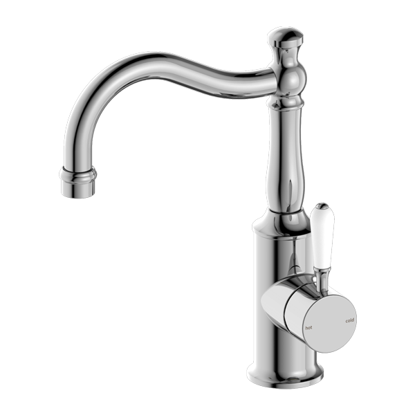 York Basin Mixer Hook Spout with White Porcelain Lever