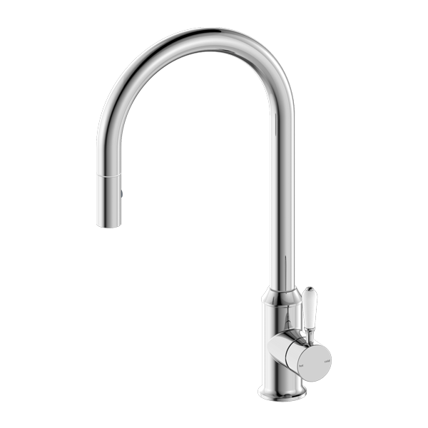 York Pull Out Sink Mixer with Vegie Spray with White Porcelain Lever