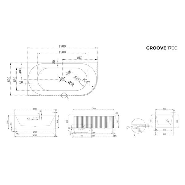Groove Corner Freestanding Bath 1500/1700mm 3